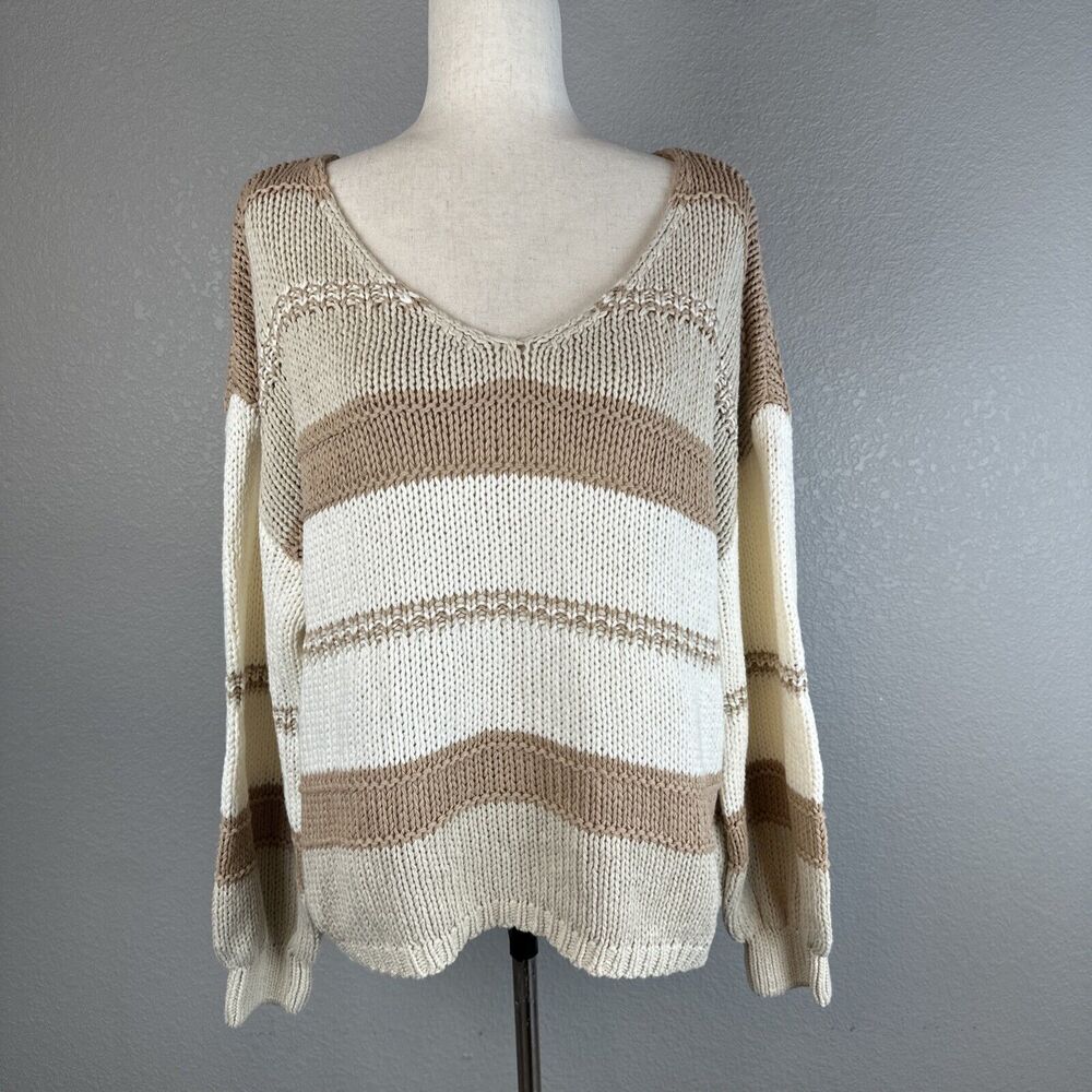 Magnolia Womens Boho V-Neck Pullover Sweater One Size Neutral Beige Ivory Stripe